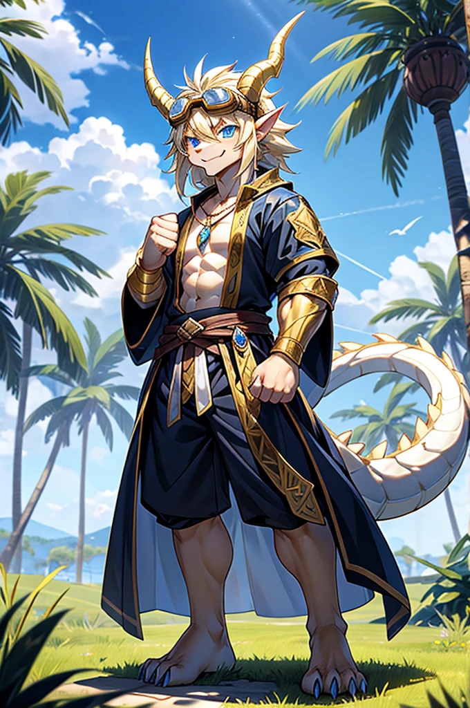 HD,noon,Blue sky,castle,grassland,Single player,Western dragon animal humanoid,hairy,Age 16,Cute face,Strong body,Male image,Full body standing,Short hair details,Western faucet,Golden dragon horn,Blonde Facial Hair,White jaw hair,Golden back fur,White belly hair,White mane extends from the top of the head to the tail,Thick and long dragon tail,White hair on the tip of the tail,Golden Arm,Golden paws,Left fist,Lightning is attached to the left fist,The right hand naturally droops,Limbs are dragon claws,4 Gold Fingers,4 golden toes,Pink pads on the palms and soles,,Lift one foot,Exposing the soles of the feet,Look to the left,A happy expression with the tongue sticking out slightly,Blue Eyes ,Pure and lovely eyes,Medieval style costumes,Black top,Black rubber shorts,Silver Sapphire Necklace,Wear goggles on your head,Standing。