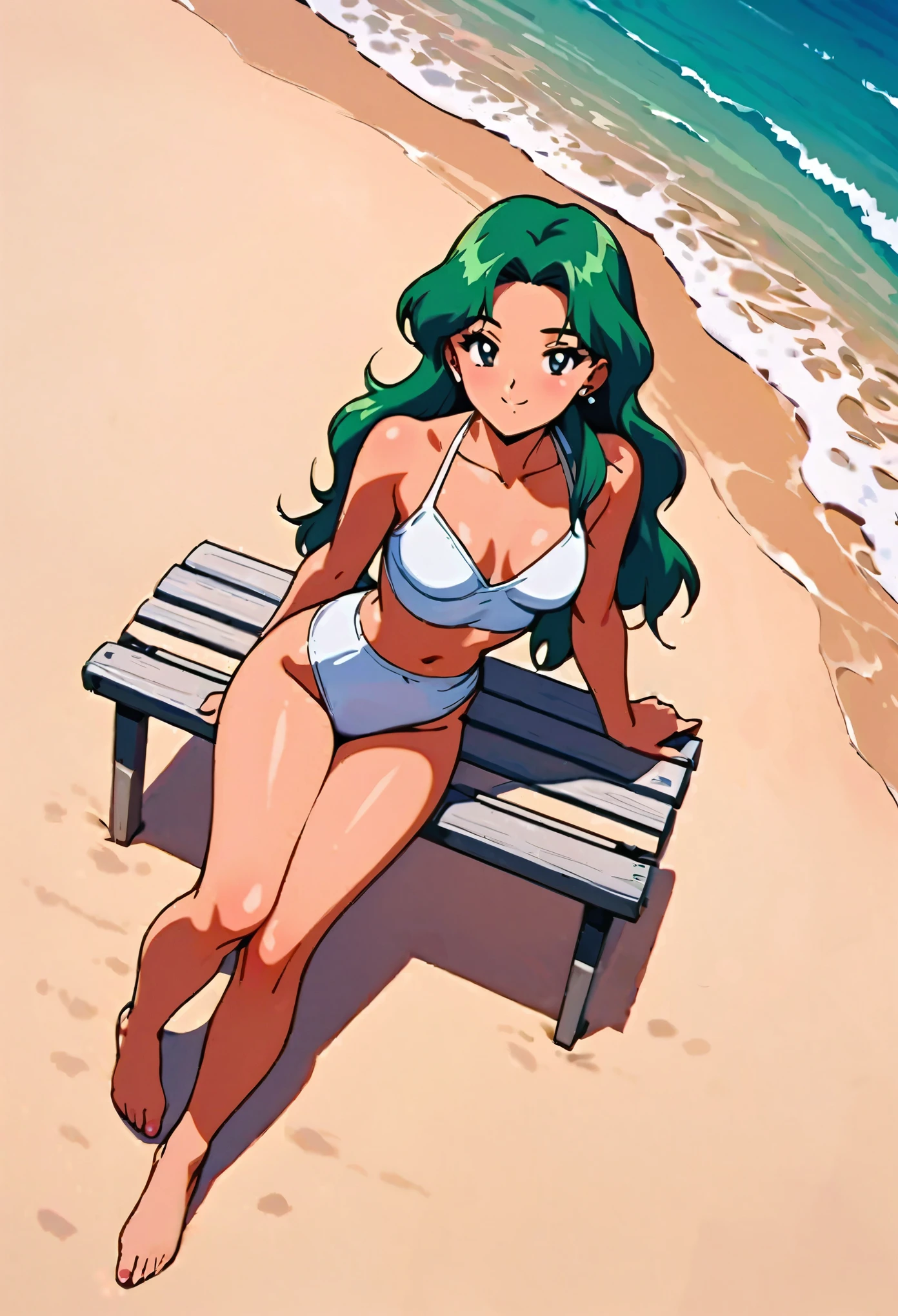 masterpiece,best quality,very aesthetic,ultra detailed,intricate details1990s \(style\),1girl,solo,white swimsuit,stud earrings,long hair,green eyes,green hair, beach,by bench,happy smile, full body, 