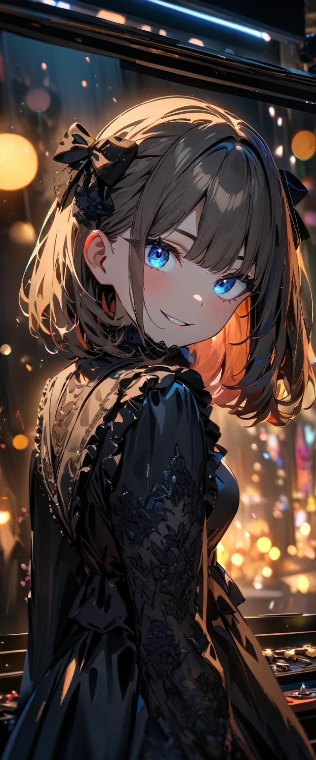 (((One girl))), Shibuya, blond hair, bob cut, (looking at viewer), upper body, breasts, teenager, head tilt:1.3, (((blue eye))), constricted pupils, (from side:1.3), ((evil grin)), (((Gothic Lolita:1.3))), white and black, hair ornament, hair ribbon, anime style, (best quality, 4k, 8k, highres, masterpiece:1.2, ultra-detailed, ultra-detailed eyes, HDR, UHD, studio lighting, ultra-fine painting, sharp focus, physically-based rendering, extreme detail description, professional, vivid colors, bokeh)