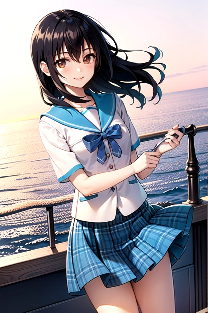 ((masterpiece)),( Highest quality), ultra-detailed, Details,1人のgirl, 1girl, 一人in, length_hair, Looking_in_Audience, short_hair, 前hair, black_hair, ribbon, hair_between_eye, brown_eye, girl, , Sailor suit, mini skirt, , null, Ocean、Future City Port、The wind is blowing、Perfect promotion、Fluttering skirt、The best smile、serafuku blue bow blue skirt plaid skirt、Beautiful woman