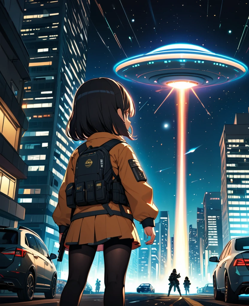 (best quality, masterpiece, ultra high-resolution, ultra-detailed: 1.2),anime-style illustration,(Chibi girls firing at a UFO), A huge UFO is floating in the sky in the background of the city at night. , holding a large gun in her hand. chibi girls has a serious expression and is about to (shoot at the UFO). girl's outfit is a futuristic battle uniform, and the surrounding area is littered with broken buildings and cars. The stars were shining in the sky, and I could see the shadows of other UFOs in the distance.(light particle:1.5),(back shot),
