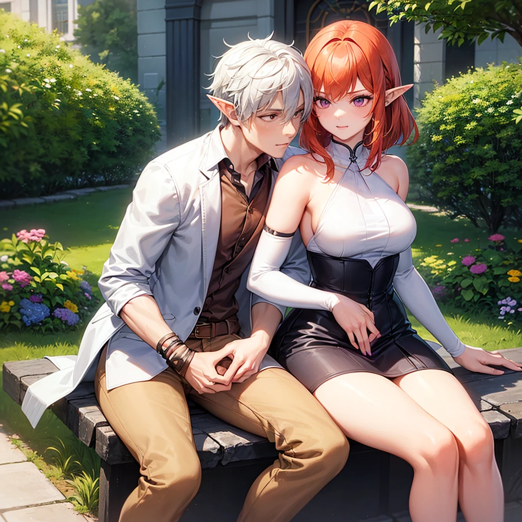 A beautiful girl and a handsome boy(their a couple),the girl has: short white hair,pointy elf ears,and violet eyes,the boy has messy Orange hair,and ash brown eyes (the boy is hugging the girl on his lap)