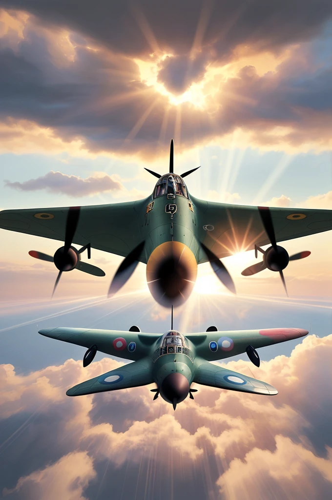 a picture of a Spitfire plane, flying in the sky, cloudy skies background, an epic a Spitfire plane (best details, Masterpiece, best quality :1.5) birds view, sun rays, divine rays, sense of awe, majestic atmosphere, ultra best realistic, best details, best quality, 16k, [ultra detailed], masterpiece, best quality, (extremely detailed), ultra wide shot, photorealism, depth of field, hyper realistic painting,