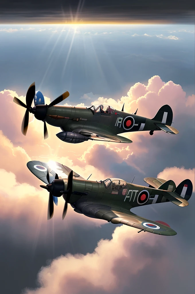 a picture of a Spitfire plane, flying in the sky, cloudy skies background, an epic a Spitfire plane (best details, Masterpiece, best quality :1.5) birds view, sun rays, divine rays, sense of awe, majestic atmosphere, ultra best realistic, best details, best quality, 16k, [ultra detailed], masterpiece, best quality, (extremely detailed), ultra wide shot, photorealism, depth of field, hyper realistic painting,