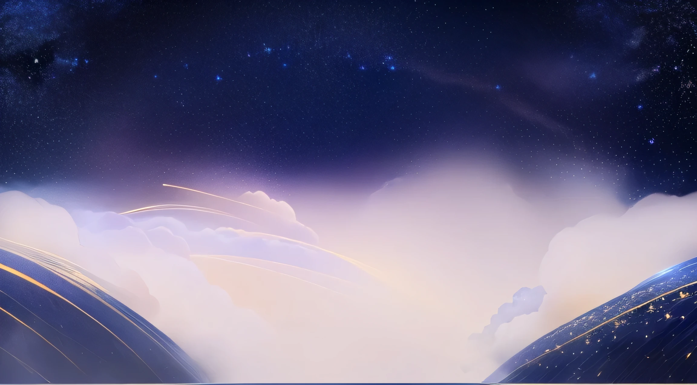 background,Upper part dark blue starry sky,The lower part is cloud,Glowing gold effect,Dark outlook,Large 4K image,Scene Graph,landscape,illustration,cloud,Cloud with golden light effect,