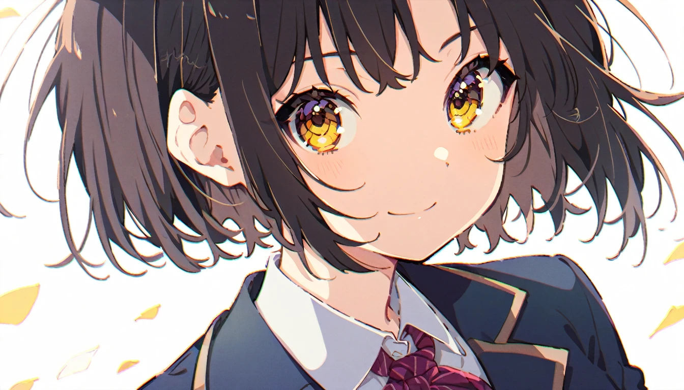 Full-length portrait of a smiling girl standing in a blazer uniform, with short black bob hair, a checkered skirt and brown loafers