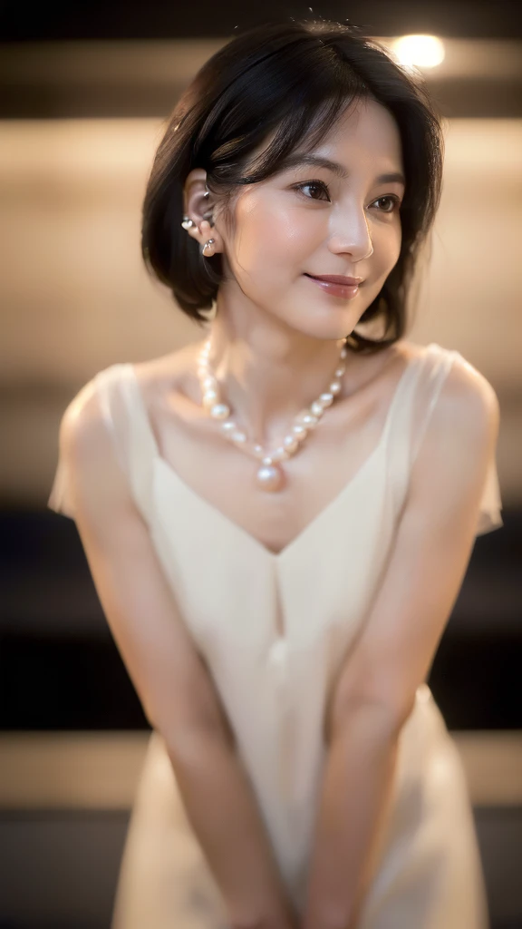(((Very realistic front-on shots by professional photographers、A close-up American shot of an actress facing the camera from head to thigh, very Seductive pose, 32k, 7 heads、looking at viewer, Staring Intently :1.8))),(((A pure white, extremely thin fabric business short-sleeved open-neck shirt with a wide V-neck, Soaking wet、She is looking straight at the camera with a very shy look on her face.。light makeup、A short, well-groomed, shiny black haircut。A very simple and very modest pearl necklace and a small single pearl earring.:1.4)))。((Highest quality)), ((masterpiece)), (((detailed))), (midnight ,A modern train station platform in Tokyo on a dark, pouring, stormy night, Low Key Lighting:1.6)、(((A very beautiful, extremely elegant and intelligent 39-year-old Japanese woman。Very intelligent, with a goddess-like face and figure。An extremely elegant, calm and modest smile, Being drunk、My eyes are quite watery、I'm very horny、embarrassed ,blush, Curvy Body、Extremely realistic, detailed and beautiful depiction of the face and waist:1.9)))、(((The skin is white and very smooth。A very hot rainy summer night、I'm pretty sweaty、My clothes were soaked and pretty see-through.、When wet, it sticks tightly to the skin, revealing the beautiful lines of the body.、Through the extremely thin fabric, her skin and her navy blue, lacy, high-end underwear are clearly visible.:1.9)))。(((A simple and elegant business pencil skirt in a plain navy blue knee-length,The clothes fit the body very well:1.8))), ((Healthy Body、The line of the chest, collarbone and décolletage are extremely beautiful.:1.9))。(((large&good hips、large&nice chests )))