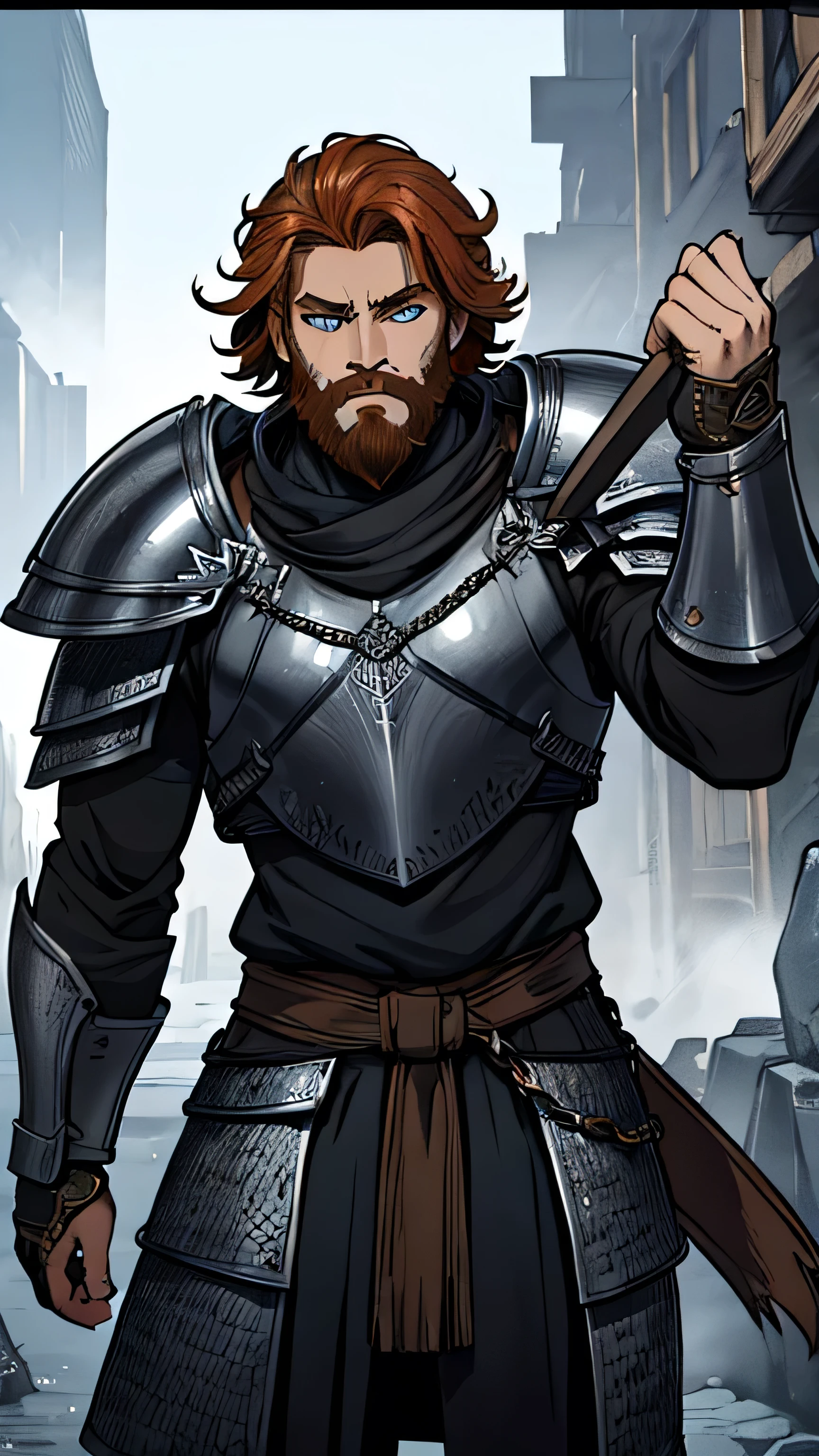 caramel hair, blue gray eyes, upper body, Man, athletic, handsome, 8k, masterpiece, medieval fantasy character, beard, chainmail armor, vandal warrior, best quality, hi-res, hi-resolution, , colored lineart
