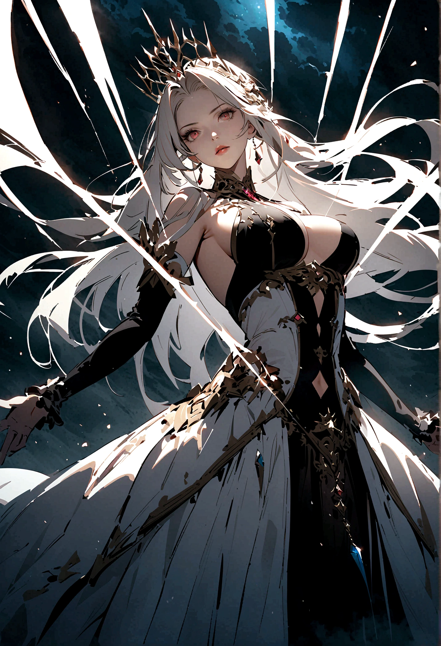 a beautiful goddess with flowing short hair, dark winter landscape, ominous clouds, icy crown, elegant and graceful, dark and sensual, 1girl, detailed eyes, detailed lips, detailed face, long eyelashes, fantasy, dark fantasy, digital painting, concept art, highly detailed, 8k, photorealistic, dramatic lighting, moody atmosphere, dramatic cloudy sky, snow, ice, cold colors, dark colors, deep shadows