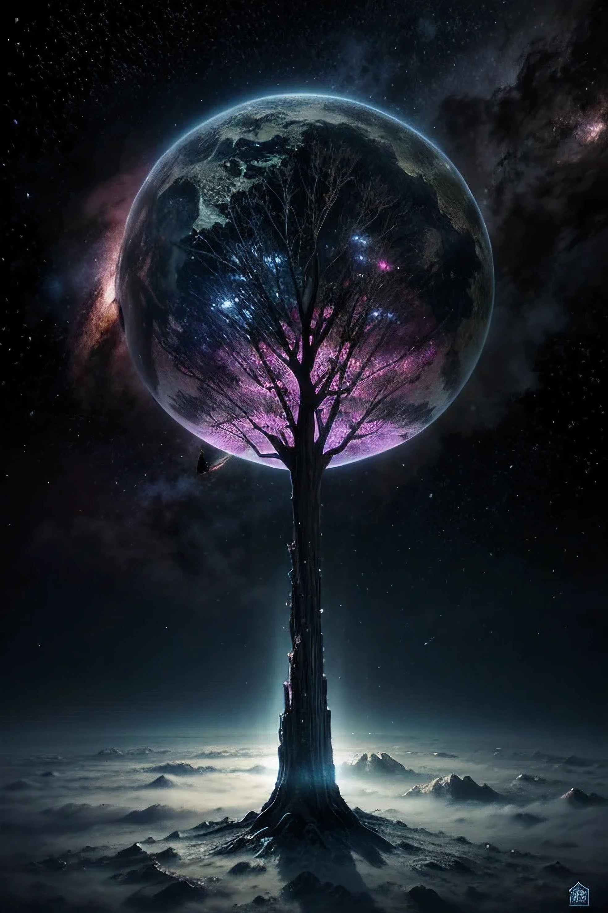 "Create a World Tree Artwork, Its depth is deep in the nebula's colorful gas., Its branches reach out to the distant stars."