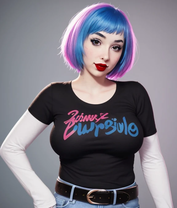 The face of Zoe Quinn, 1girl, solo, black t-shirt, white shirt, blue jeans, belt, lipstick, large breasts, short over long sleeves