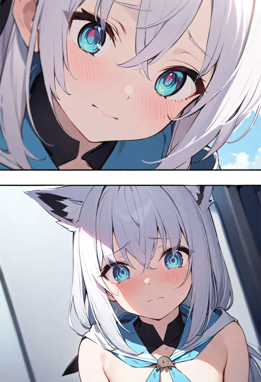 cute face, big eyes,red face,Complaint 、troubled face 、 1 girl ,(((( shy,light blue long hair)))),Masterpiece, high quality detailed,highres,anime,comic,detailed image, (an illustration of a age girl posing,,tareme(true beautiful:1.2), sense of depth,dynamic angle,,,, affectionate smile, (true beautiful:1.2),,(tiny 1girl model:1.2),)(flat chest),Shirakami-Fubuki/(Hololive/),((masterpiece:1.4, best quality))+, (ultra detailed)+,(ultra detailed eyes)+,(cute 1girl),15 ye skin,closed mouth,sad,violet,