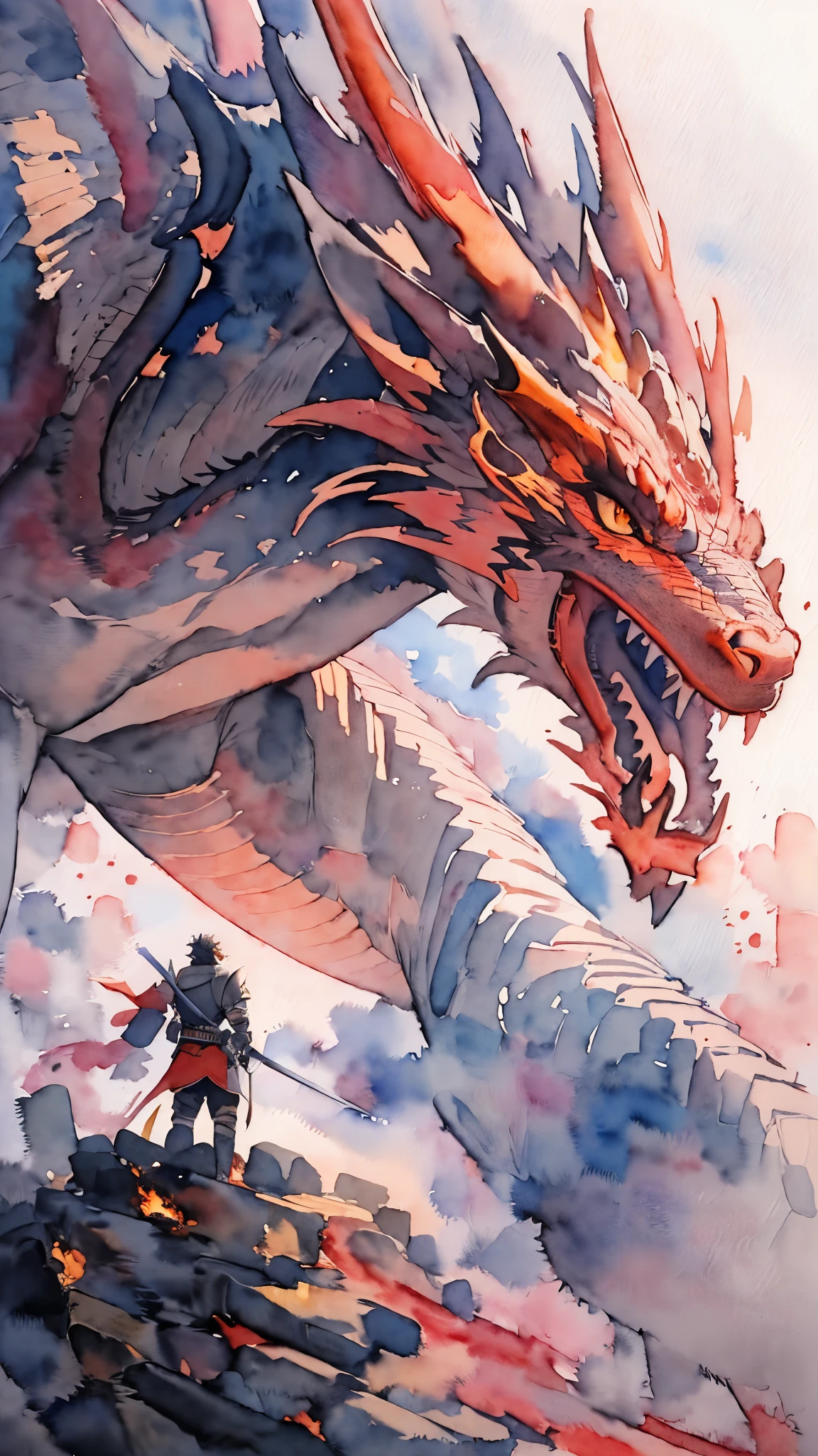 (masterpiece:1.2),(Highest quality),(Very detailedな),(Ultra-high resolution),8K,Vast landscape photography,(((watercolor))),(From below,A legendary knight looking up at a giant dragon in front of him,A dragon glaring at a legendary knight),(The knight is wearing legendary armor.),(One person: 1.5),((Burning mountain)),(Moving configuration: 1.4),Very detailed,colorful,Very detailed drawing,(((透明watercolor)))