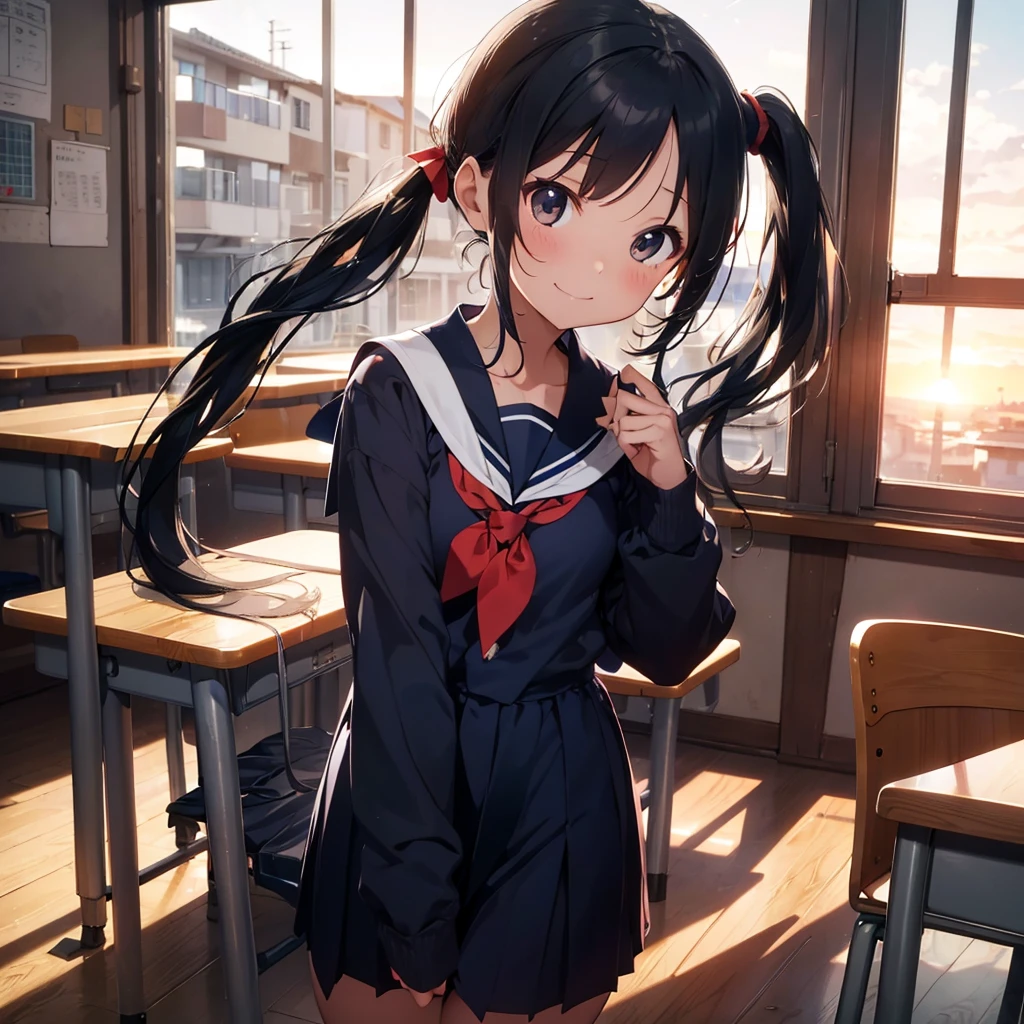 Highest quality, Very detailed, masterpiece, One Girl, classroomの椅子に座る, talk, Smile, , (low twintails:1.2), Low Pigtails, Black Hair, Long Hair, (Navy blue sailor suit:1.4), Blue ribbon, Long sleeve, School desk, School Chair, classroom, from the front, window, Schoolyard, distant cityscape, A town with hills, Distant Sea, sunset, anime, Focus on the face