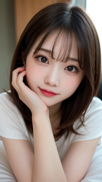 Tabletop, Highest quality, shape, Very detailed, finely, High resolution, 8k wallpaper, 完璧なダイナミックな構shape, Beautiful and exquisite, Short sleeve、Medium Hair,Big Breasts 、Natural color lip, Random sexy poses,smile,、20-year-old girl、Midnight、Beautiful and elaborate face、Perfect and beautiful face,Big eyes、RAW Photos、spread your arms and legs wide、Express your best emotions with your whole body、Beautiful and exquisite、Small face、Beautiful Duplex、Slim face and figure、Blur the background、bed