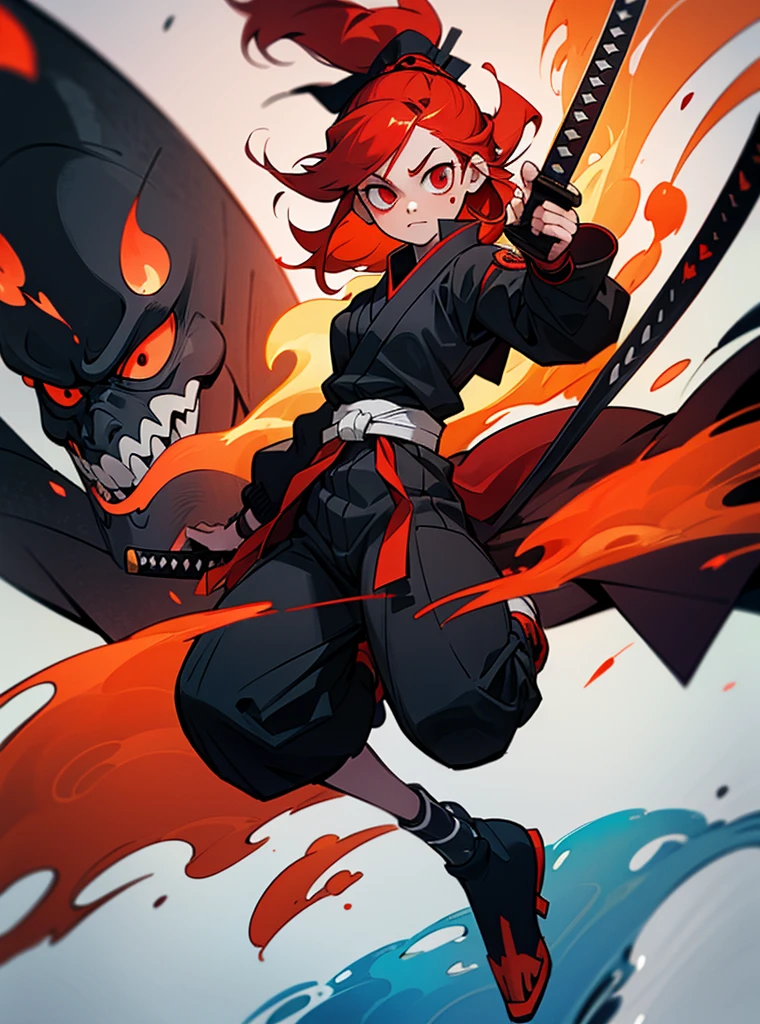 A girl with red hair and short red eyes with a face of gratitude her clothes are a white ninja and black lines she wears a bandana with a swirl and uses a katana covered in fire full body wallpaper of destruction and fire 