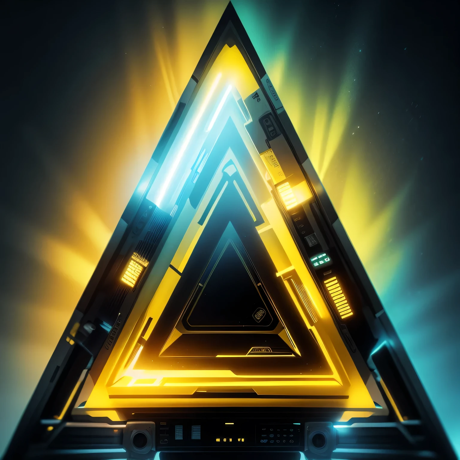 black and yellow coloured lights, yellow colour in the middle, yellow colour in the middle, yellow colour in the middle, triangle shaped spaceship in space, 1080, high resolution, focused every wear