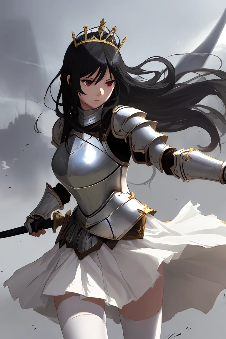 female knight　armor　Black Hair　tiara　Shortcuts　sword　Torn white skirt　Torn white tights　battlefield