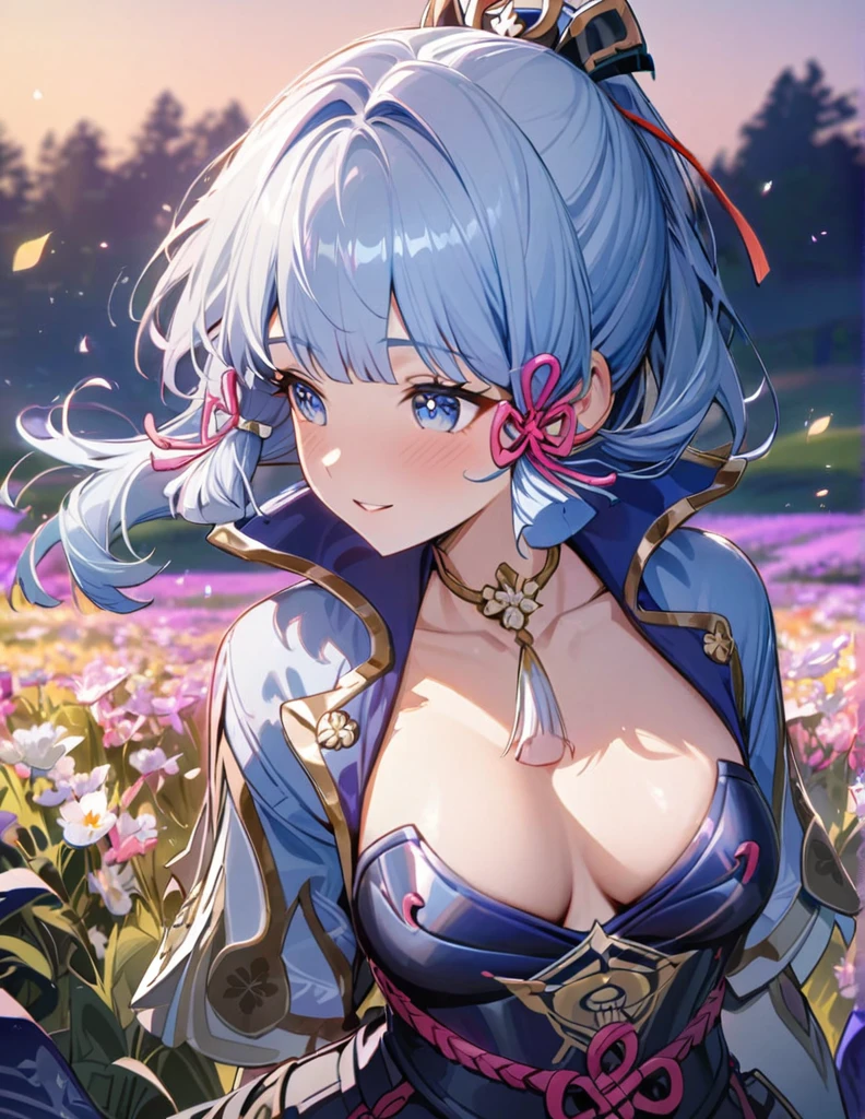 ayaka genshin impact hair, beautiful girl, long blue hair, beautiful face,smiling,close up to hips, beautiful medium breast, in the middle of flowers field, (open mouth:0.4),illustration,detailed textures(realists),ultra-detailed,portrait style,vivid colors,soft lighting, blushing, mature, hair fluttering, evening light, ((half body)), wearing intricate dress, no bra, ((side profile until hips)), ((mature)), 