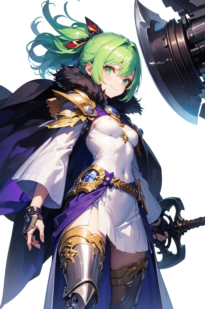 1 girl, blonde wave hair, green eyes, (Holding a extra gigantic mechanical battle axe:1.3), (evil smile:1.2),(serious:1.2),small breasts, (white background:1.2), purple knight fur_cloak, purple full metal armor, long skirt, light smile, green hair ornament