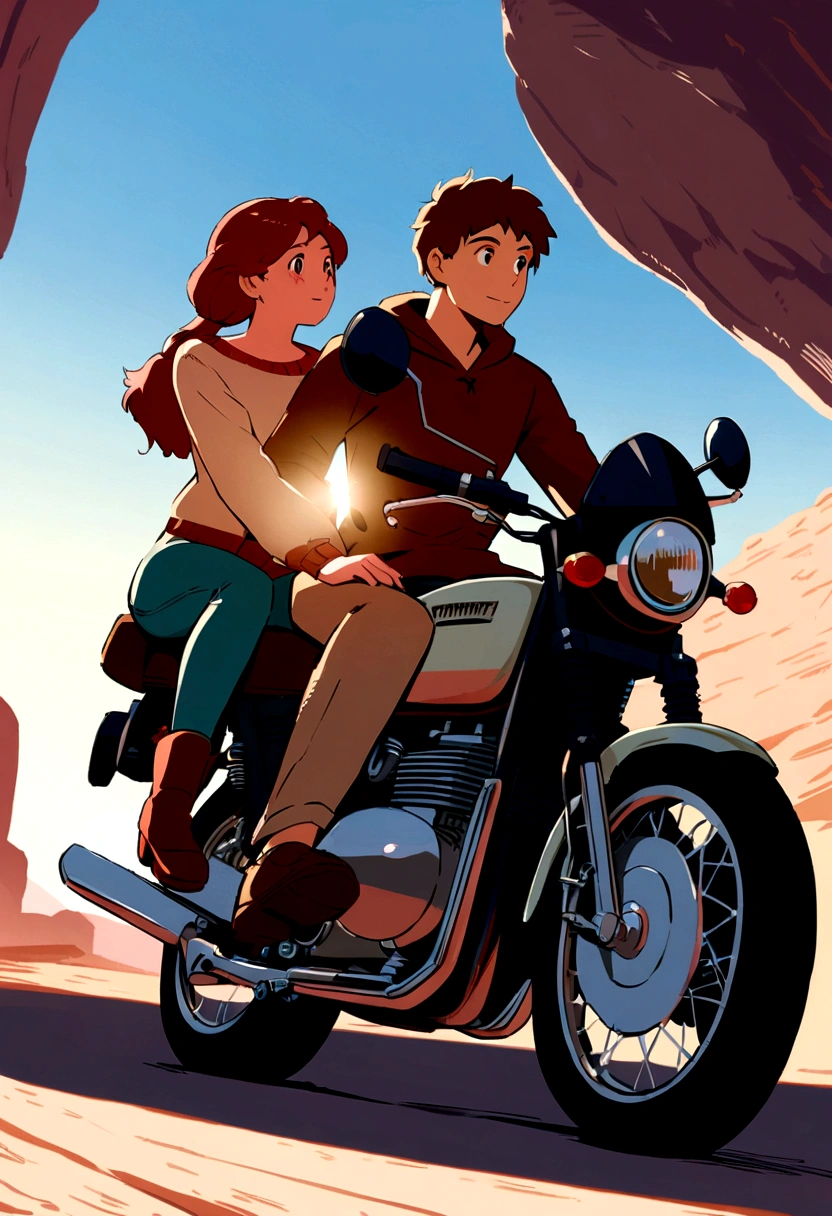 Ghibli studio style, a couple in love traveling around the globe on the Triumph motorbike. lovely couple. around the globe. a young couple. around the world. side view. riding on motorbike. countryside background, driving through the countryside.