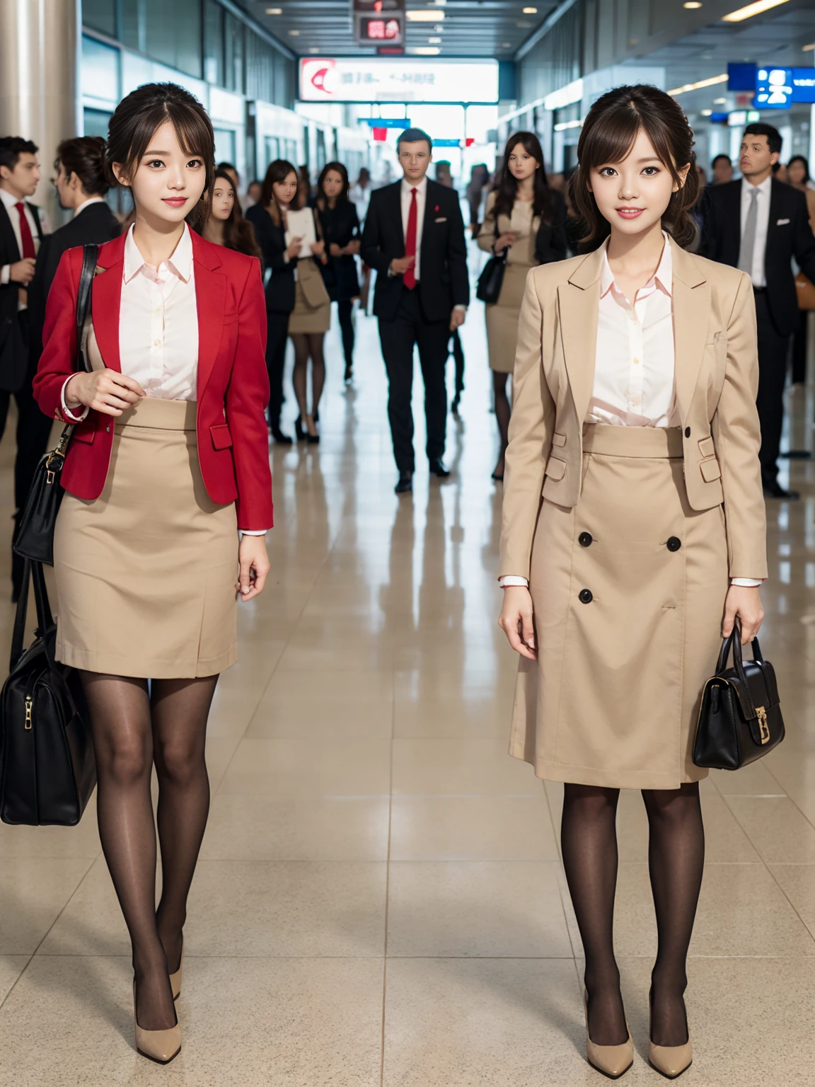 Full body portrait、{{Mature Solo Woman, White people}}, View your viewers, Hazel Eyes, Very detailed, Medium chest, Brown Hair, airport, flight attendant, uniform, Beige with red line blazer, Red ribbon tie, Beige Skirt, Midi Skirt, Pencil skirt matte black pantyhose、,Pink High Heels, Happy, 最high quality, high quality, Very detailed anime screencap, {{{{Crowded, One girl, Matching outfits, Updo Hairstyle、The whole body is visible！！