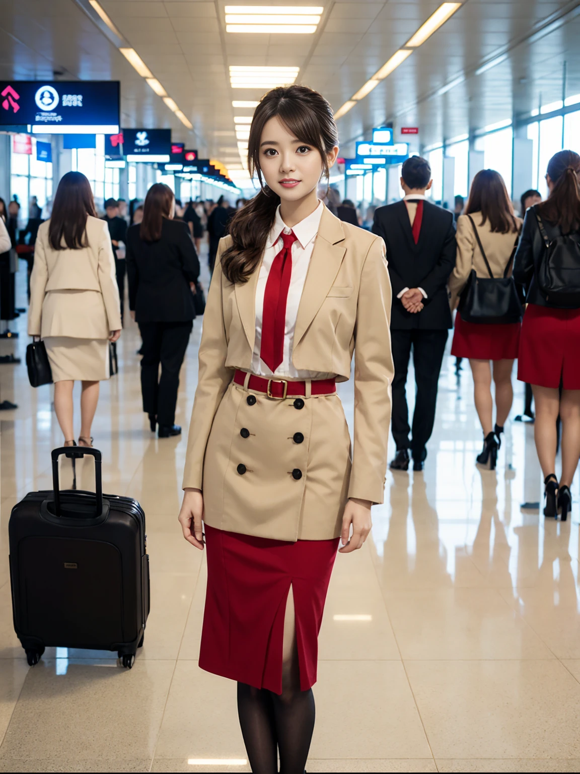 Full body portrait、{{Mature Solo Woman, White people}}, View your viewers, Hazel Eyes, Very detailed, Medium chest, Brown Hair, airport, flight attendant, uniform, Beige with red line blazer, Red ribbon tie, Beige Skirt, Midi Skirt, Pencil skirt matte black pantyhose、,Pink High Heels, Happy, 最high quality, high quality, Very detailed anime screencap, {{{{Crowded, One girl, Matching outfits, Updo Hairstyle、The whole body is visible!!