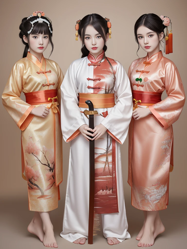 Highest quality, masterpiece, High resolution,Three Girls,Beautiful Face,whole body,Chinese clothing,White Taoist Robe,Holding the sword in his right hand (Lavish decoration),Peach Tree,