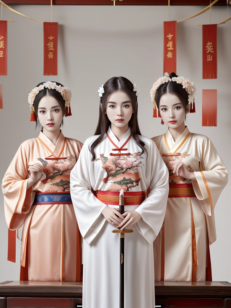 Highest quality, masterpiece, High resolution,Three Girls,Beautiful Face,whole body,Chinese clothing,White Taoist Robe,Holding the sword in his right hand (Lavish decoration),Peach Tree,