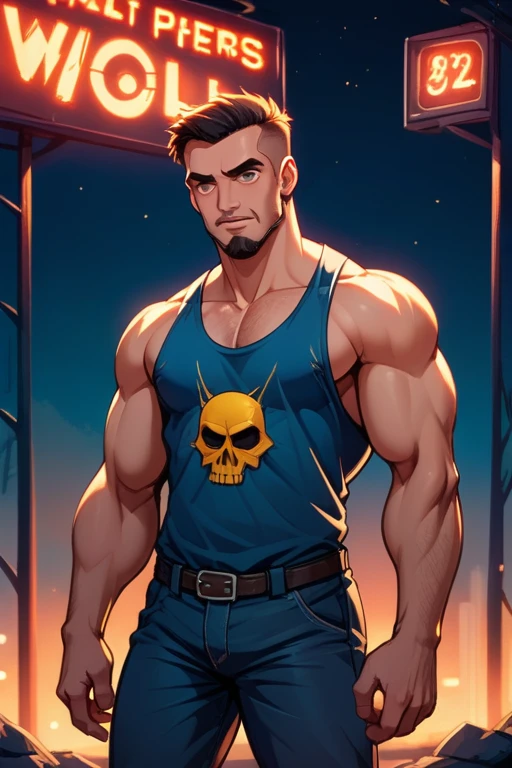 45 year old man(cobalt eyes; salt-and-pepper crew cut; rugged; muscular and imposing; incredible beard; masculine; round-faced, Kurt Russell), Disney-style cgi, night time neon-lit streets crime scene; futuristic; dystopian; best quality; high detail; trending on artstation; complex volumetric lighting; tank top; 80s action hero