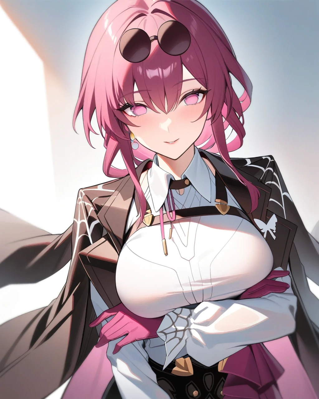 masterpiece,best quality,1girl,独奏,pink hair,ponytail,sunglasses,black choker,black jacket,black skirt,collared shirt,crossed arms,eyewear on head,highres,honkai: star rail,honkai \(series\),jacket on shoulders,kafka \(honkai: star rail\),long sleeves,looking at viewer,multicolored eyes,pink eyes,pink gloves,purple eye,white shirt,Pregnant