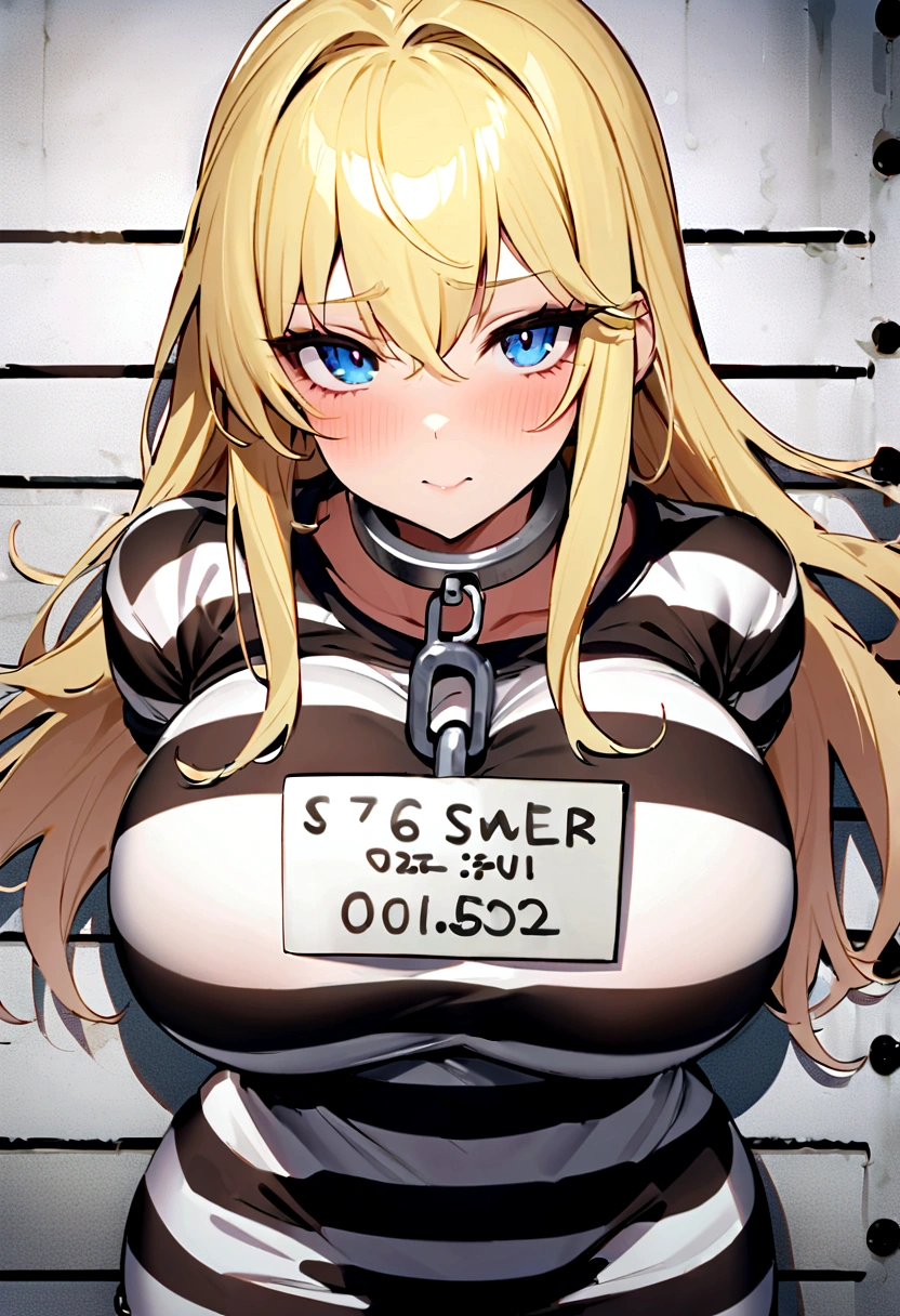 mugshot, view the viewer, Huge breast, prisoner, prison girl, jailed, prisoned, Striped black and white prison jumpsuit, Handcuffed, Restrained, shackle, domina, jail cell, lock, long blonde hair, blue eyes