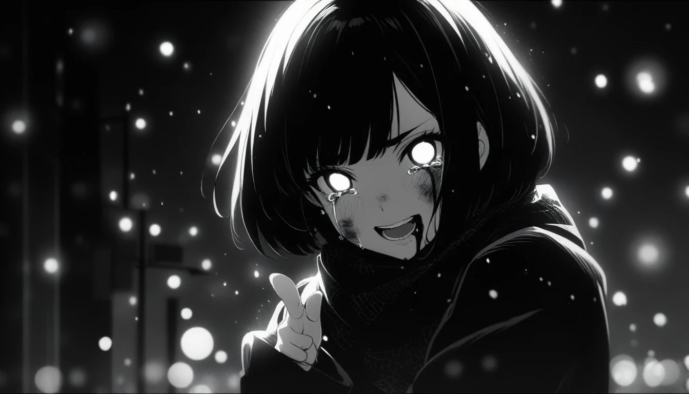 masterpiece, best quality, 1girl, momose_(oqo) official art, grayscale, manga style, japanese, chi no wadachi, black eyes, glowing white pupils, street, iced, black hair, schoolbag, smile, crying, tears, tears streaming, blood, blood_from_mouth, bruise, nosebleed, lineart, face against the ground, looking at viewer, blood on face, black coat, black scarf, 35 years old, mature_female:1, tall, fair skinned, bokeh background, streaming, bob cut, light particles, centered, snowing, emotional anime scene, (very aesthetic, best quality, ultra detailed), intricate details, red and blue lights flashing, camera glare, finger_gun, pointing at viewer
