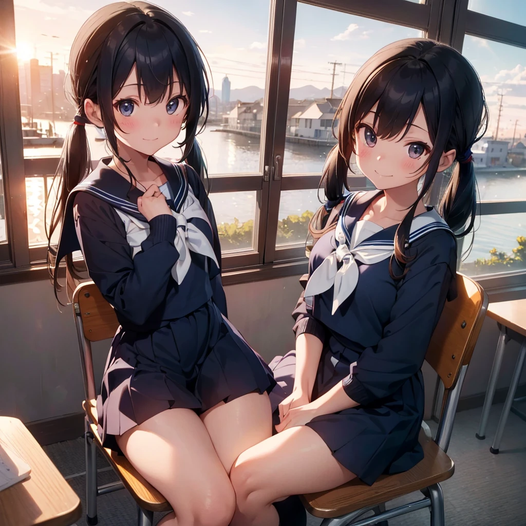 Highest quality, Very detailed, masterpiece, One Girl, Sit on a chair, talk, Smile, 15yo, (low twintails:1.2), Low Pigtails, Black Hair, Long Hair, (Navy blue sailor suit:1.4), Blue ribbon, Long sleeve, School desk, School Chair, classroom, from the front, window, Schoolyard, distant cityscape, A town with hills, Distant Sea, sunset, anime, Focus on the face