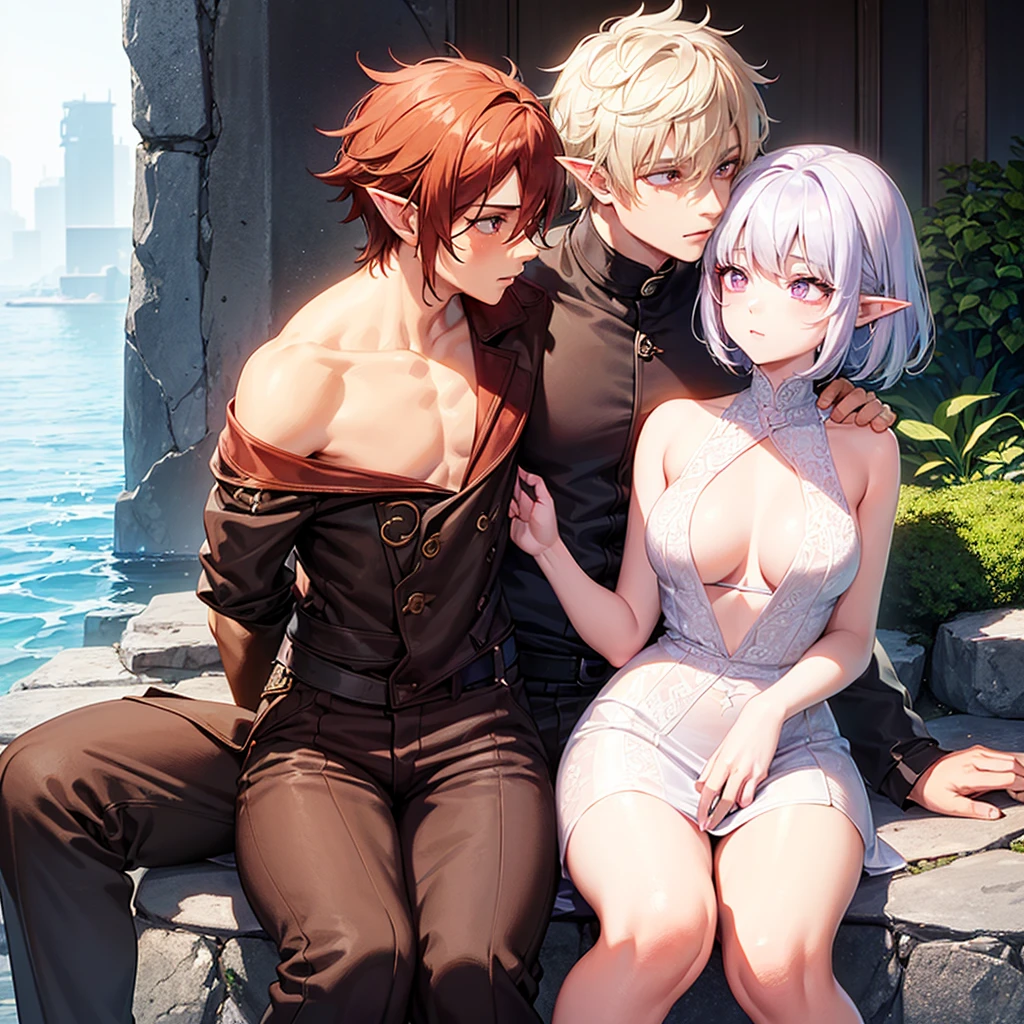 A beautiful girl and a handsome boy(their a couple),the girl has: short white hair,pointy elf ears,and violet eyes,the boy has messy Orange hair,and ash brown eyes (the boy is hugging the girl sitting on his lap)