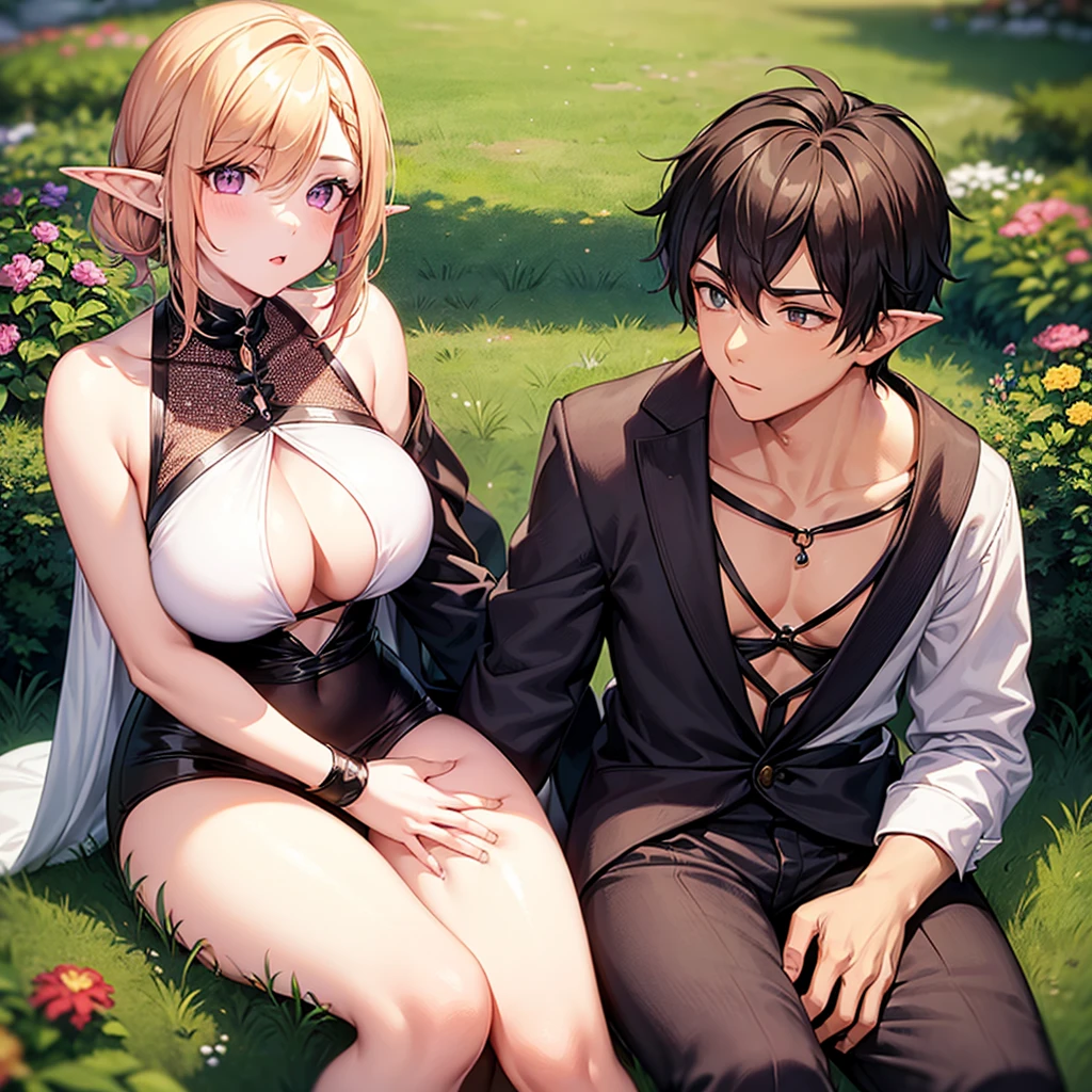 A beautiful girl and a handsome boy(their a couple),the girl has: short white hair,pointy elf ears,and violet eyes,the boy has messy Orange hair,and ash brown eyes (the boy is hugging the girl sitting on his lap)