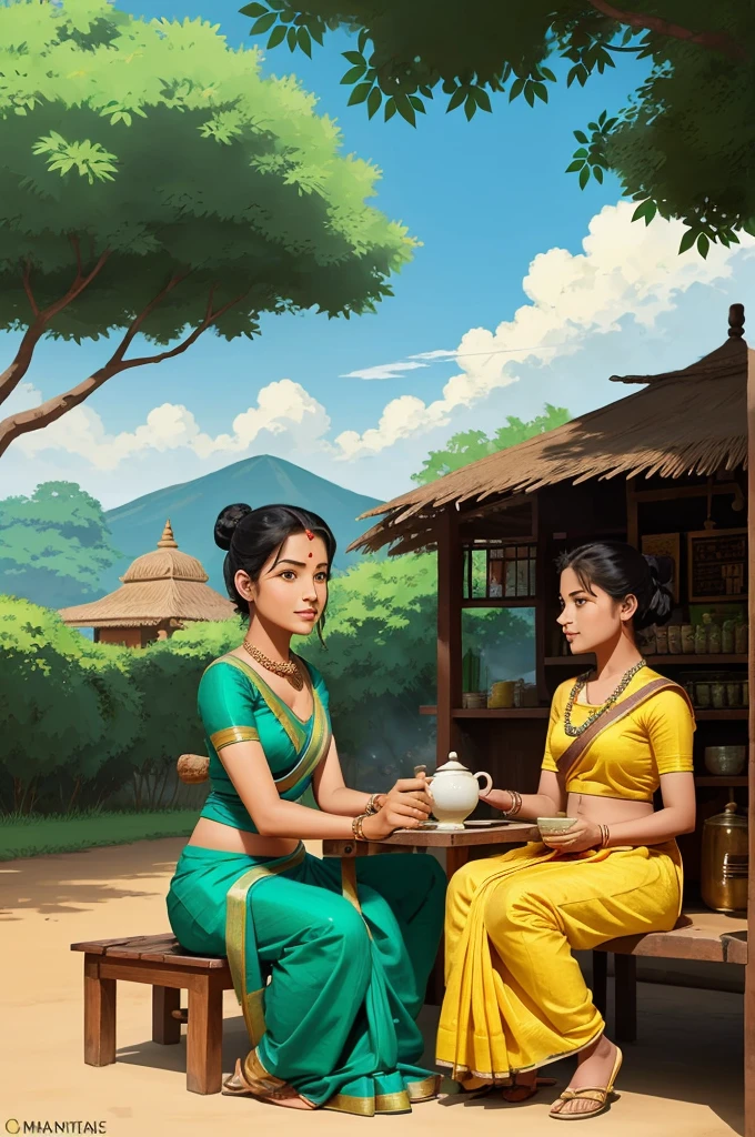 Draw a tintin style anime simple art of a indian tea seller serving tea to a beautiful indian lady in saree at his tea stall, tree, shade, indian village, grass, smoke from utensil, beautiful color palette, beautiful sky,