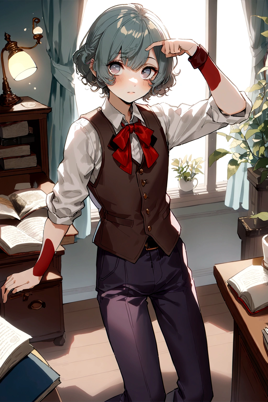 An 18-year-old boy in a golden-brown vest leans back against his desk,Front Posision body, The dim light of the desk lamp shone on his face,Tired fell asleep,high high quality, Clear focus (Chaos - house books: 0.8), (tmasterpiece: 1.2) (realisticlying: 1.2) Bokeh(best qualityer) (Detailed skins: 1.3) (intricately details) (8K) (eye detailed) (foco nítido), (having fun) (a variety of poses) desenho