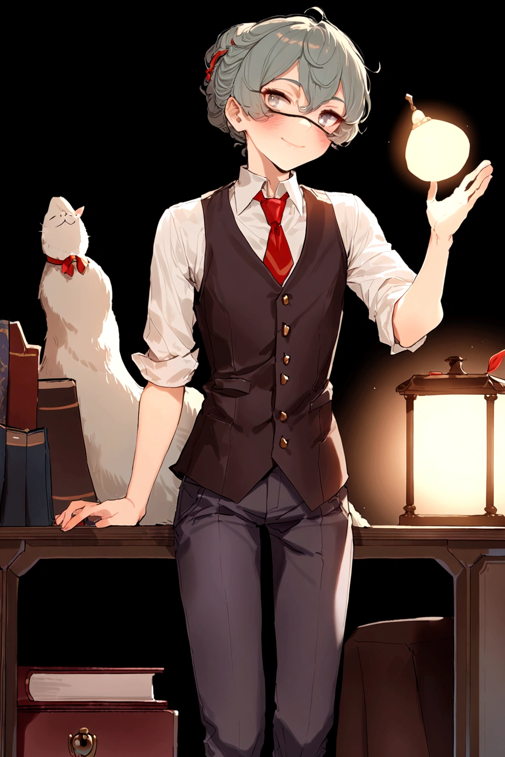 An 18-year-old boy in a golden-brown vest leans back against his desk,Front Posision body, The dim light of the desk lamp shone on his face,Tired fell asleep,high high quality, Clear focus (Chaos - house books: 0.8), (tmasterpiece: 1.2) (realisticlying: 1.2) Bokeh(best qualityer) (Detailed skins: 1.3) (intricately details) (8K) (eye detailed) (foco nítido), (having fun) (a variety of poses) desenho