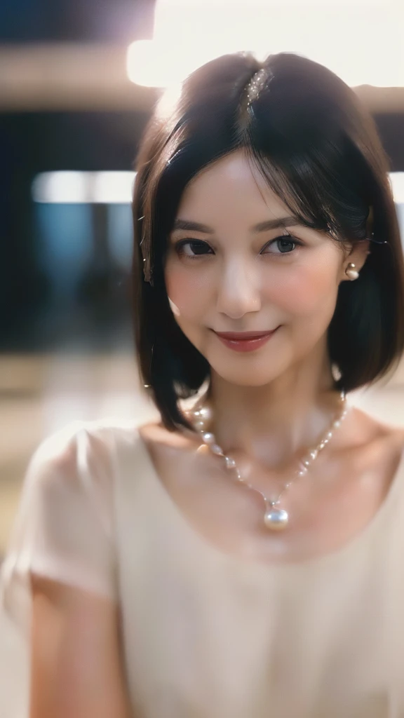 (((Very realistic front-on shots by professional photographers、A close-up American shot of an actress facing the camera from head to thigh, very Seductive pose, 32k, 7 heads、looking at viewer, Staring Intently :1.8))),(((A pure white, extremely thin fabric business short-sleeved open-neck shirt with a wide V-neck, Soaking wet、She is looking straight at the camera with a very shy look on her face.。light makeup、A short, well-groomed, shiny black haircut。A very simple and very modest pearl necklace and a small single pearl earring.:1.4)))。((Highest quality)), ((masterpiece)), (((detailed))), (midnight ,A modern train station platform in Tokyo on a dark, pouring, stormy night, Low Key Lighting:1.6)、(((A very beautiful, extremely elegant and intelligent 39-year-old Japanese woman。Very intelligent, with a goddess-like face and figure。An extremely elegant, calm and modest smile, Being drunk、My eyes are quite watery、I&#39;m very horny、embarrassed ,blush, Curvy Body、Extremely realistic, detailed and beautiful depiction of the face and waist:1.9)))、(((The skin is white and very smooth。A very hot rainy summer night、I&#39;m pretty sweaty、My clothes were soaked and pretty see-through.、When wet, it sticks tightly to the skin, revealing the beautiful lines of the body.、Through the extremely thin fabric, her skin and her navy blue, lacy, high-end underwear are clearly visible.:1.9)))。(((A simple and elegant business pencil skirt in a plain navy blue knee-length,The clothes fit the body very well:1.8))), ((Healthy Body、The line of the chest, collarbone and décolletage are extremely beautiful.:1.9))。(((large&good hips、large&nice chests )))