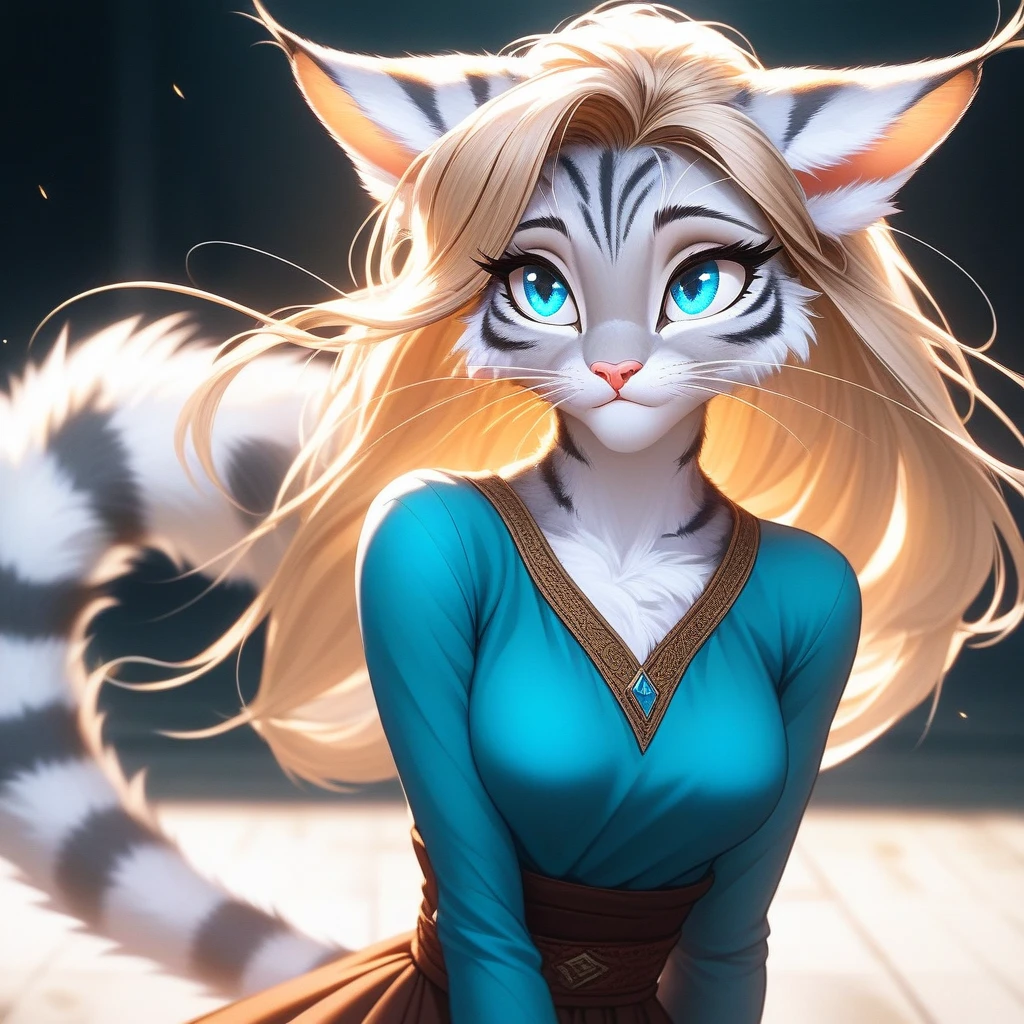 (hi res), ((masterpiece)) , ((best quality)),Solo, score_9,score_8_up,score_7_up, source_furry, Kat, Anthro furry feline girl, tall body, hourglass figure, adult female, blue eyes, silver fur, blonde hair with pony tail, (striped tail), white whiskers, pink nose, wearing simple blue long sleeve tunic, light brown fitted pants, barefoot,bend her arms across her waist,The back of the body is facing the viewer,looking right