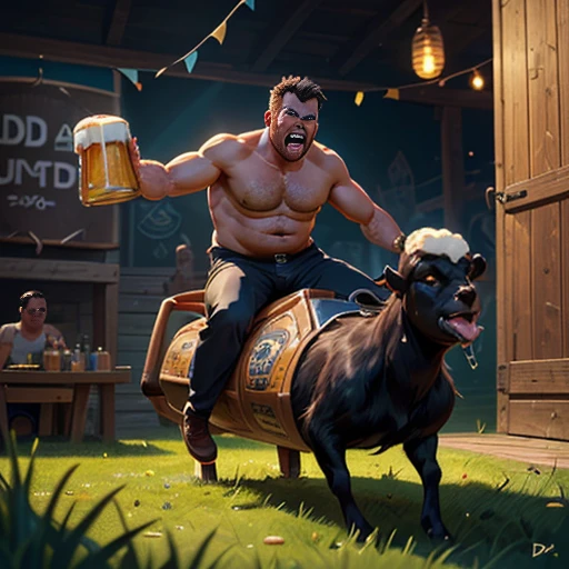 middle-aged man, (riding on a black goat:1.2), (drinking beer:1.3), shirtless, green grassy garden, (dadbod:1.4), (angry expression:1.4), (crazy grin:1.2), (beer pitchers all over:1.5), (birthday party:1.2), intricate details, oil painting, cinematic lighting, highly detailed, dramatic, masterpiece, digital art