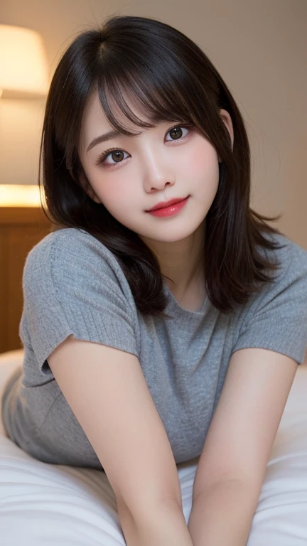 Tabletop, Highest quality, shape, Very detailed, finely, High resolution, 8k wallpaper, 完璧なダイナミックな構shape, Beautiful and exquisite, Short sleeve、Medium Hair,Big Breasts 、Natural color lip, Random sexy poses,smile,、20-year-old girl、Midnight、Beautiful and elaborate face、Perfect and beautiful face,Big eyes、RAW Photos、spread your arms and legs wide、Express your best emotions with your whole body、Beautiful and exquisite、Small face、Beautiful Duplex、Slim face and figure、Blur the background、bed