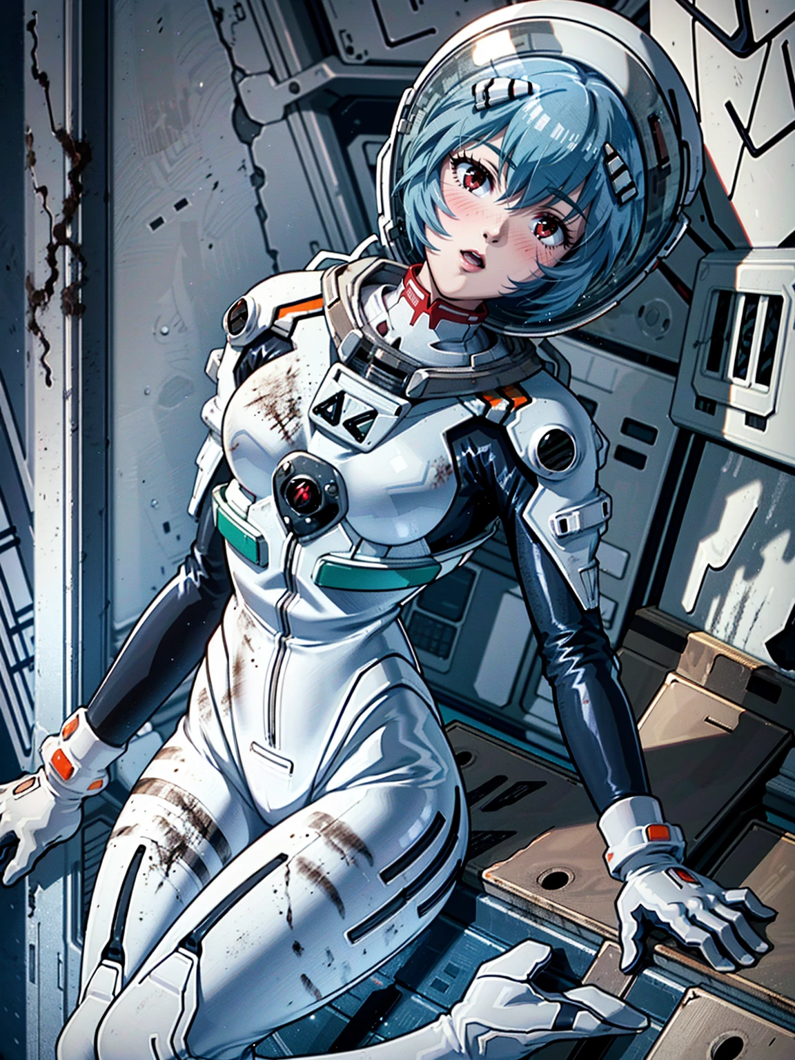 ((Highest quality, 8k wallpaper)),(masterpiece, Highest quality),Very detailed,High resolution,(Official Art:1.3),(((Anime screenshots,Black outline))),One girl,alone, Break mer1,(Rei Ayanami {Neon Genesis Evangelion,}1.2),masterpiece, best quality, outdoor, 1girl, Solo,red eyes,short hair,blue hair, (White plug suit:1.4), skin tight,(Dirty Costume with mud,gym storeroom:1.5),(((space helmet:1.4)))