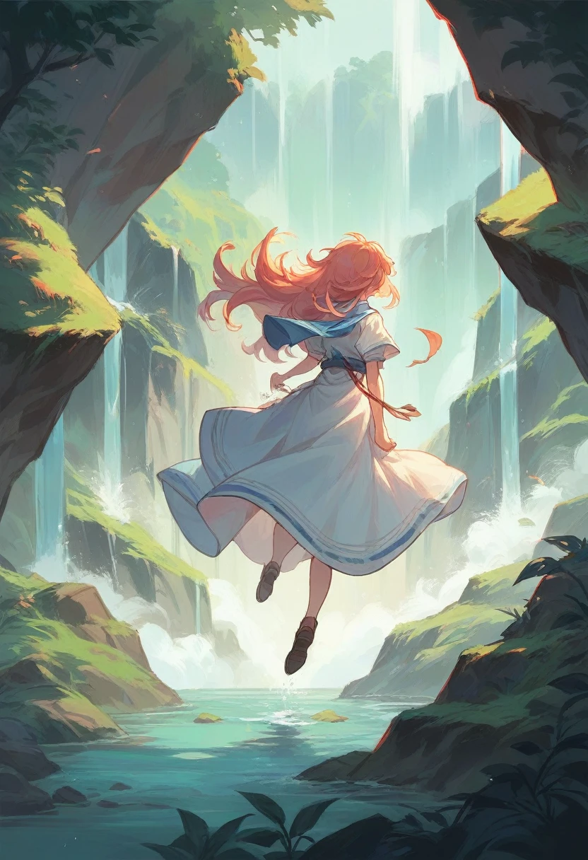 Landscape waterfall strong wind woman sunny long hair