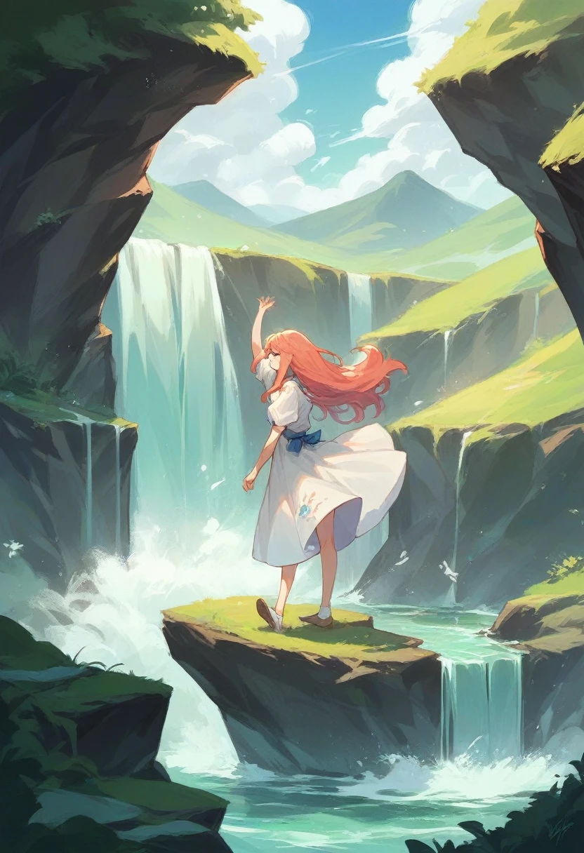 Landscape waterfall strong wind woman sunny long hair 
