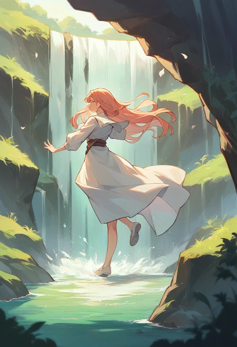 Landscape waterfall strong wind woman sunny long hair