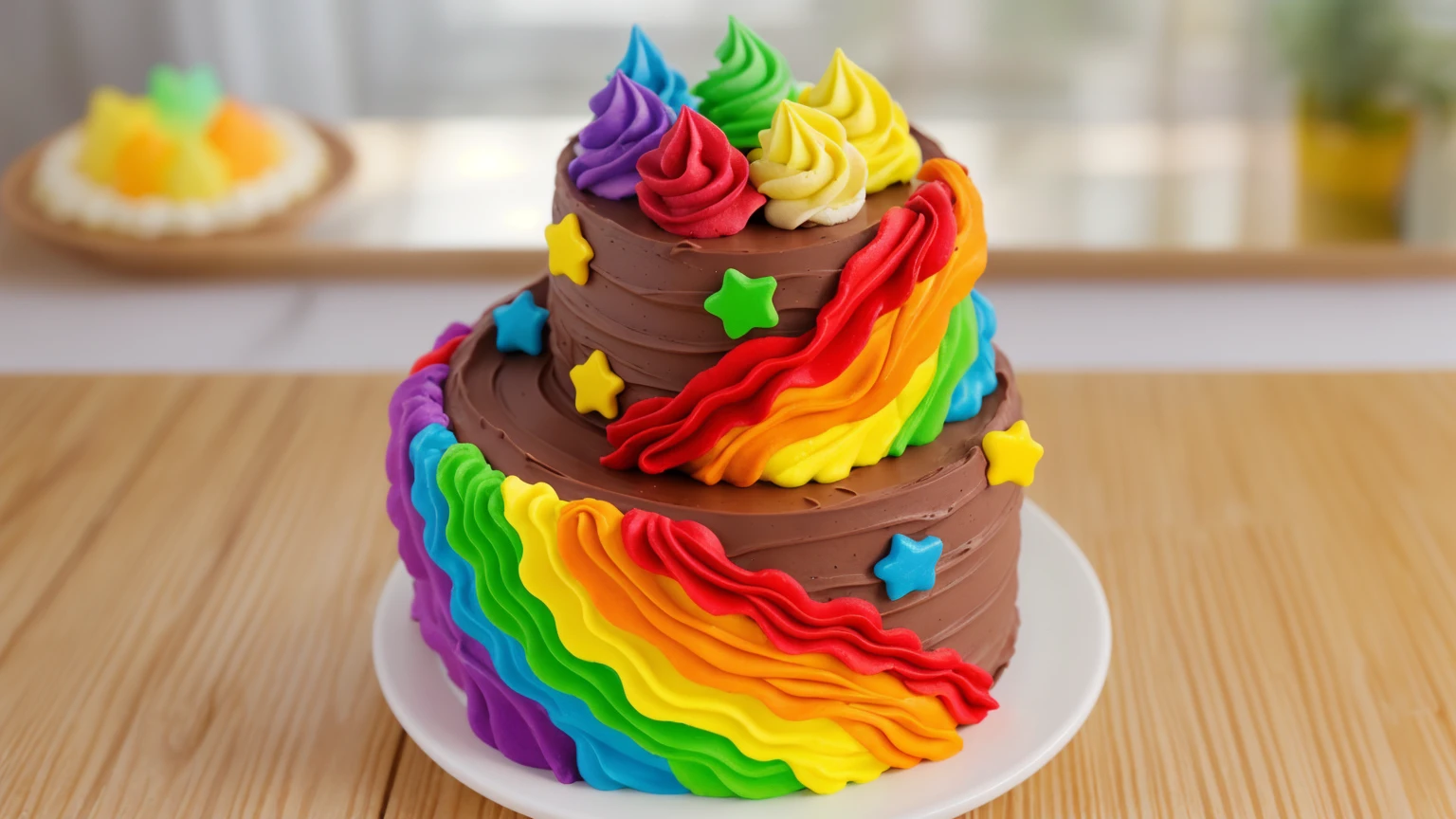 on a wooden table. there is a white plate. double tier chocolate cake ((chocolate cream texture, strokes of a pastry spatula)), rainbow cream in stitches, decorated with rainbow stars made of polymer clay, multi-colored cream on top ((cream highlights)), against the background of the kitchen, Beautiful light from the window, contour light, Multiple light sources, beautiful lighting, Bright light source, bright lighting, beautiful light sources, Multiple light sources, Realistic style , realistic texture, detailed texture, A high resolution, high quality, macro photography