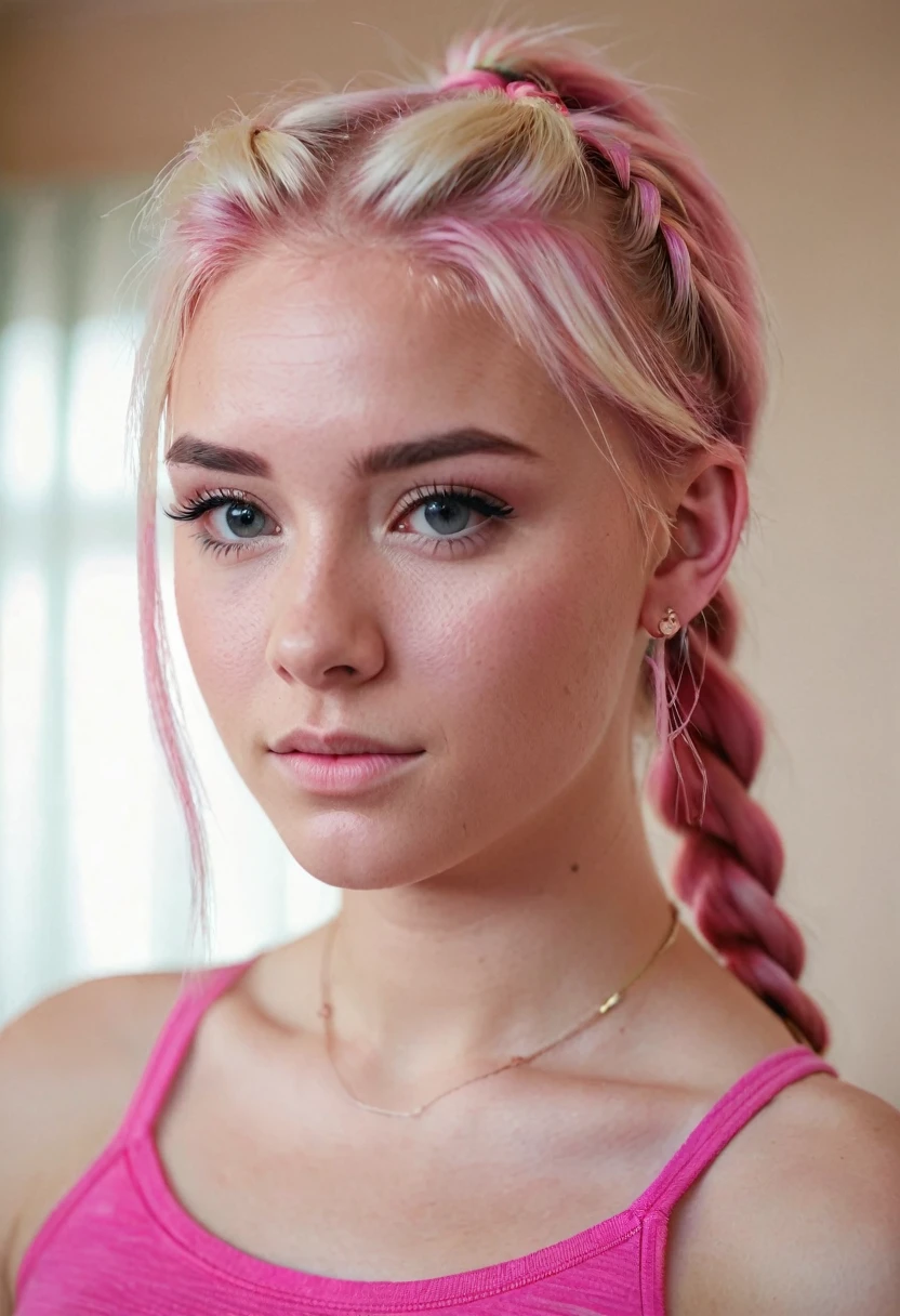 cute blonde 18 year old blonde girl with pink hair in her room, with her left eyebrow pierced innocent looking, pink hair, braided ponytail, blonde hair, depth of field, film grain, 135mm, UHD, 1080P, HD, 4K, 8k, highres, award winning, best quality, high quality, high details, textured skin, super detail, anatomically correct