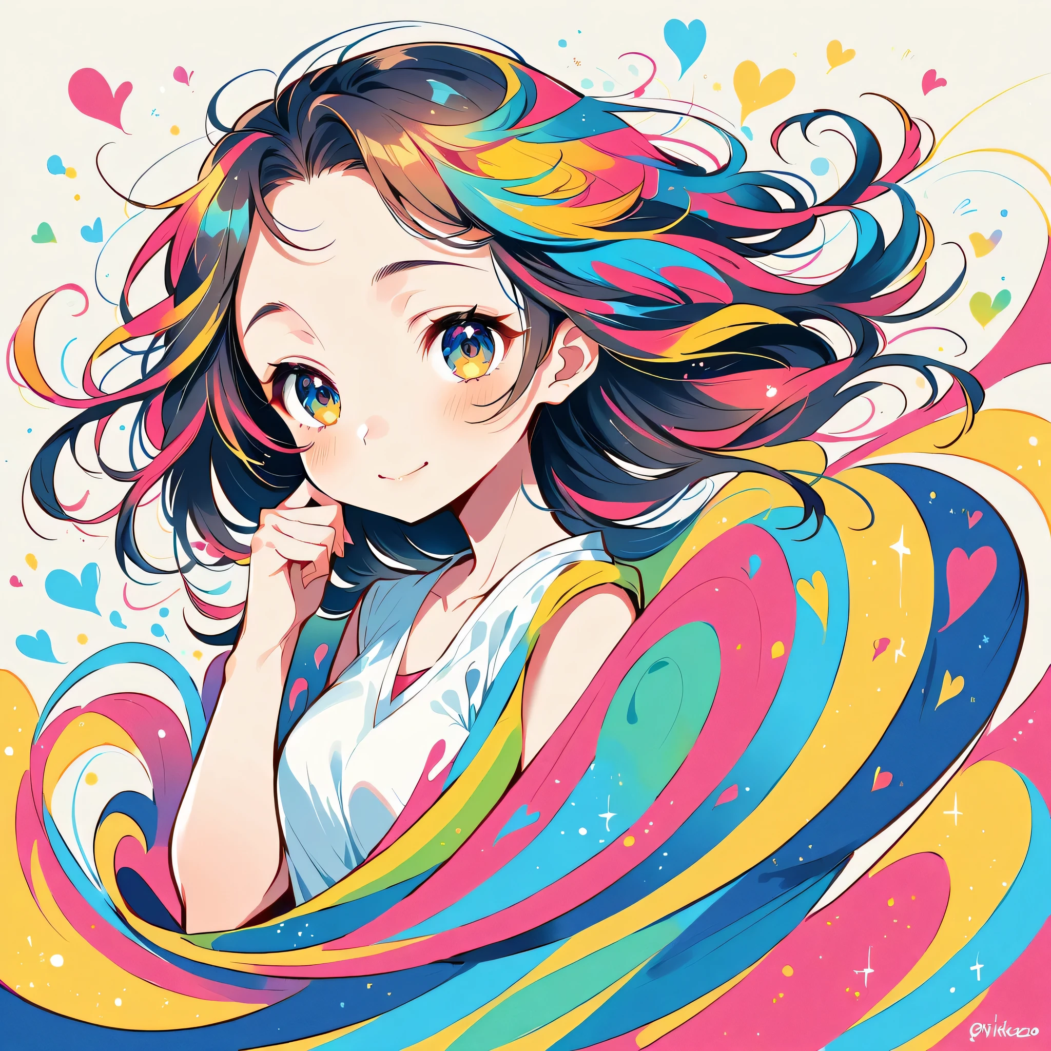 Mika Pikazo style, Simple Line Initialism，Abstract art，Urban Background, colorful hearts ,colorful hearts, (((The most beautiful girl of all time))), best smile
